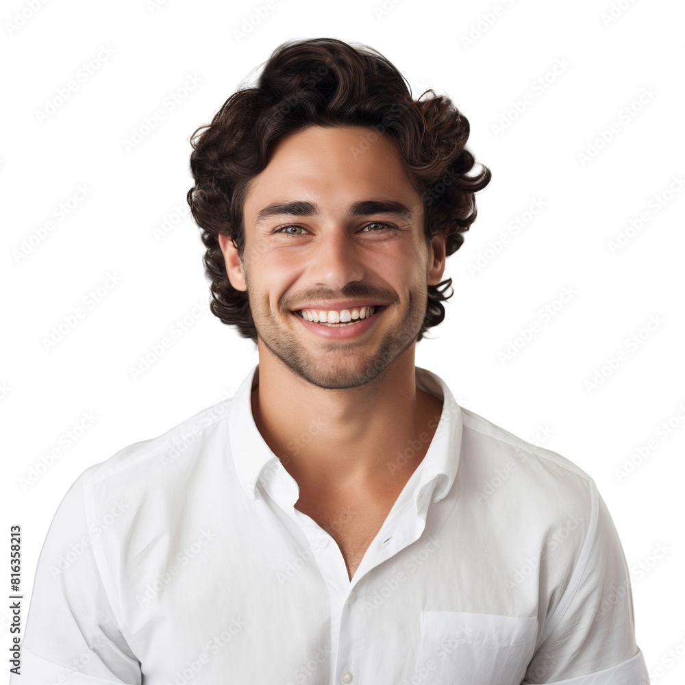Close-up portrait of a young handsome man with a smiling on face, happy expression isolated on transparent background Close-up portrait of a young handsome man with a smiling on face, happy expression isolated on transparent background