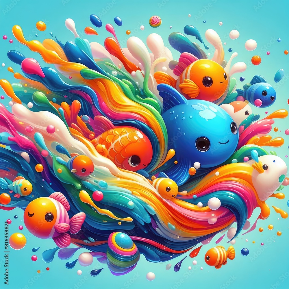 Child-Friendly Background: Cute Aquarium Animals with Oil Paint Child-Friendly Background: Cute Aquarium Animals with Oil Paint