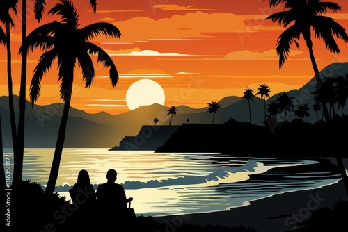 A couple shares a romantic moment watching the sunset on a tropical beach. Palm trees sway in the breeze  waves softly crash against the shore  creating a serene scene by the ocean