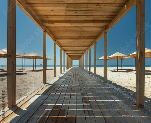vista da lalto stabilimento balneare di sabbia attrezzato con 100 ombrelloni disposti in modo regolare su spiaggia di sabbia, passerelle in legno tra ombrelloni photo