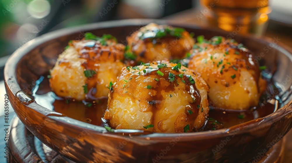 A close up image of cheese that has been fried served in a wooden style dish with brown sauce A close up image of cheese that has been fried served in a wooden style dish with brown sauce
