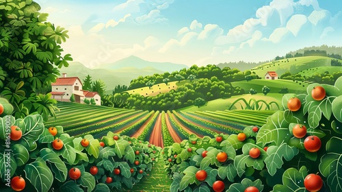 Illustrate an expansive vista of a countryside farm bursting with a variety of fresh ingredients in a flat design style Keep the details minimal yet impactful photo