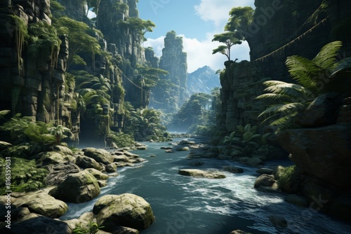 A stunning jungle river flows through a lush valley  surrounded by cliffs and dense greenery. The crystal-clear water reflects the blue sky and sunlight  creating a tranquil scene