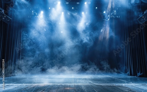 Empty stage with dramatic lighting and smoke, ready for a performance.