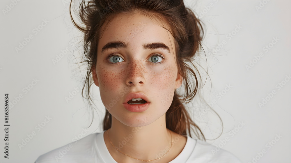 A girl with freckles in a white T-shirt. Shocked, confused. A young girl standing on a white background, with a surprised face and an open mouth, with brown hair gathered in a bun. A girl with freckles in a white T-shirt. Shocked, confused. A young girl standing on a white background, with a surprised face and an open mouth, with brown hair gathered in a bun.