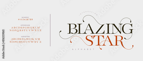 Blazingstar elegant font alphabet uppercase lowercase and number. Classic lettering minimal fashion designs. Typography modern serif fonts regular decorative vintage concept. Vector illustration