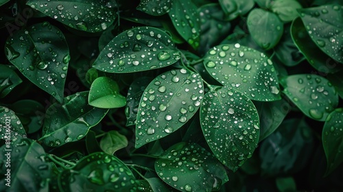 Green plants are adorned with water droplets