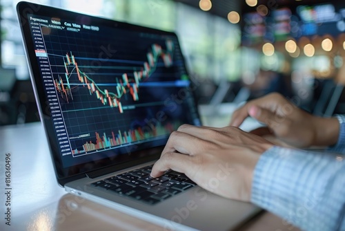 Businessman using laptop to focus on market trading data and growth graph of stock. Business people use tablet computer for financial concepts in an office room background, photo taken