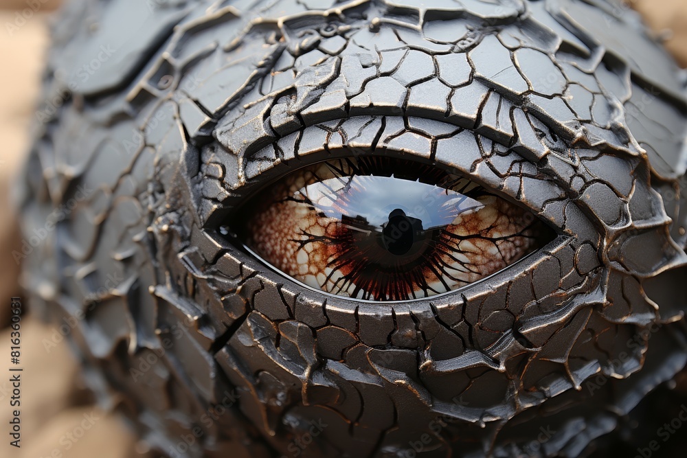 A detailed close-up view of a stone eye sculpture with a clear reflection of the photographer, set against a solid gray backdrop, showcasing intricate details and craftsmanship