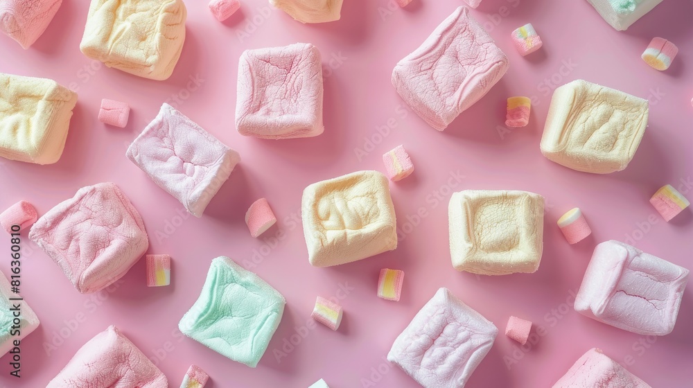 Pastel marshmallows artistically arranged on a pink background evoking a playful and decadent treat perfect for satisfying sweet urges Pastel marshmallows artistically arranged on a pink background evoking a playful and decadent treat perfect for satisfying sweet urges