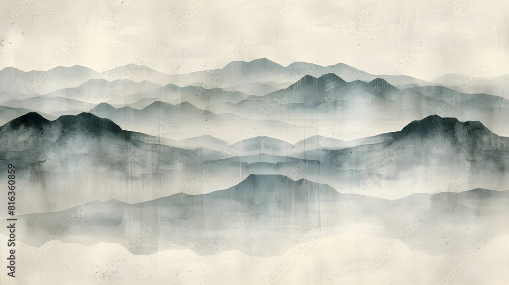 Digital Ink Wash Painting of Layered Mountains and Misty Atmosphere Digital Ink Wash Painting of Layered Mountains and Misty Atmosphere