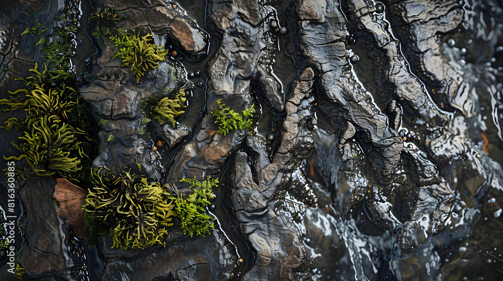 Detailed Close-Up of Lush Moss and Flowing Water on Forest Stream Rocks Detailed Close-Up of Lush Moss and Flowing Water on Forest Stream Rocks