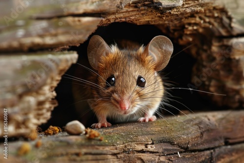 Mouse peeking from hole in old wooden wall