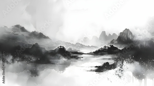 Serene Mountain Landscape in Traditional Ink Wash Style photo