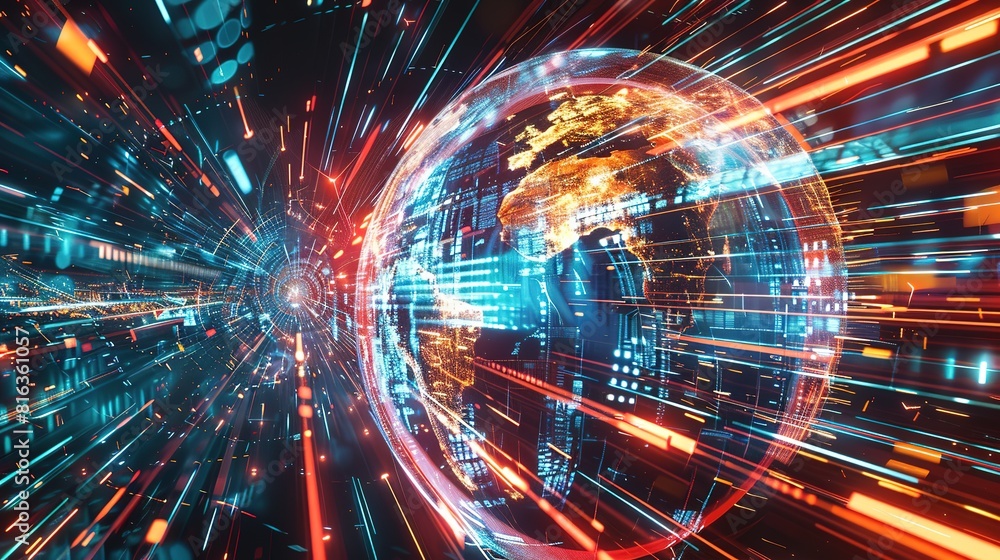Fototapeta premium The digital globe spins out of control, propelled by the extreme velocity of the global network connectivity across Earth. Data transfer speeds, fueling a frenzy of business transactions