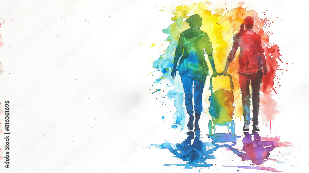 Rainbow watercolor paint of a couple women pushing strollers, pride nursery