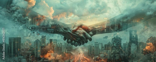 A double exposure of a handshake and a destroyed city, emphasizing the need for diplomacy and conflict prevention photo