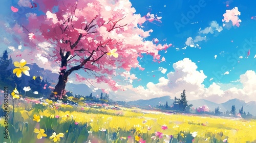 illustration art style anime of spring, autumn, summer, winter, background