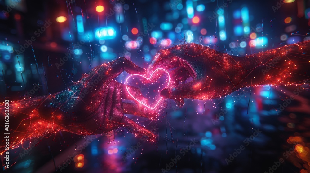 A heart is shown between two hands in a cityscape A heart is shown between two hands in a cityscape