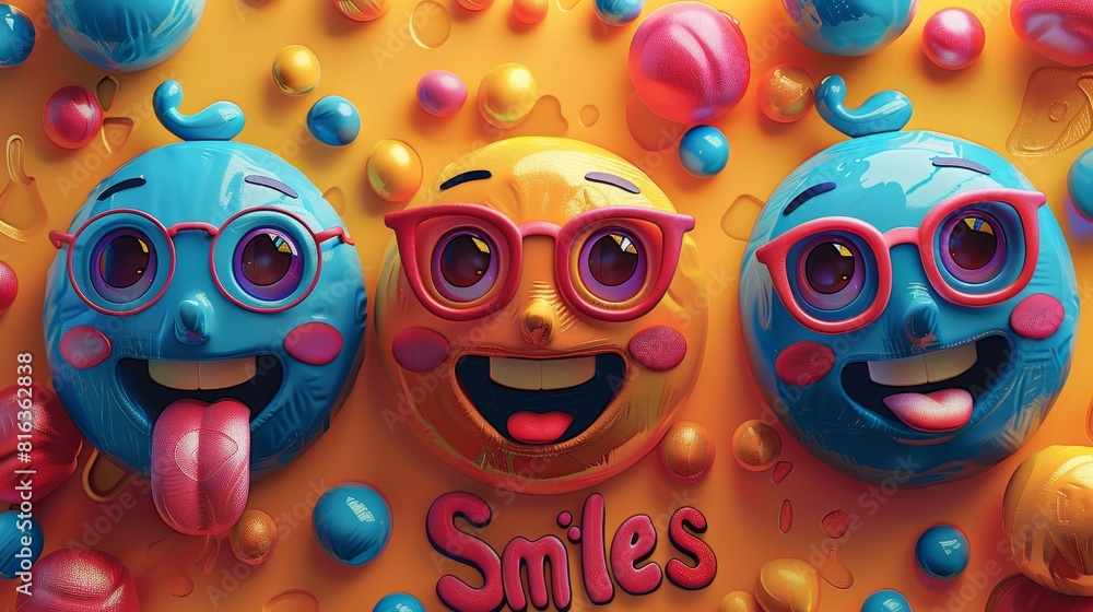 Obraz premium Three cartoon faces with glasses and a smiling mouth