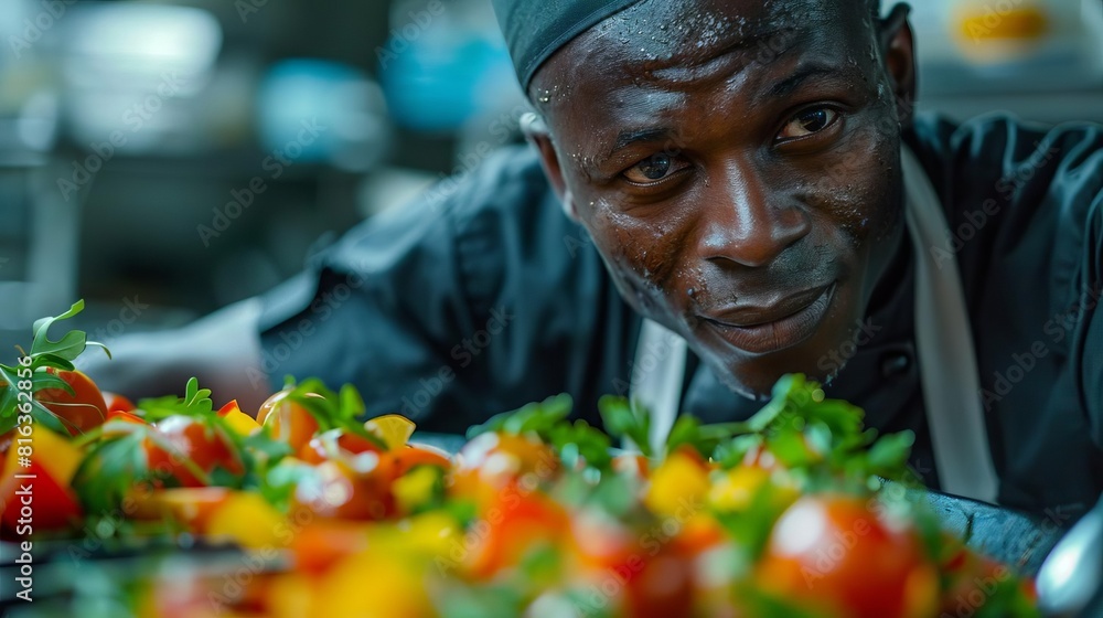 Naklejka premium A chef creates a fusion cuisine that blends flavors from the African diaspora with ingredients representing the colors of the rainbow