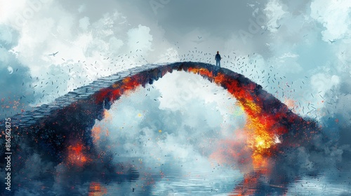 A bridge with a person standing on it and a fire underneath