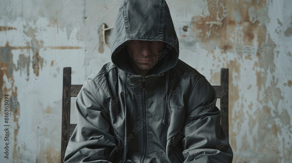 A male individual is seated wearing a grey jacket that has a hood A male individual is seated wearing a grey jacket that has a hood
