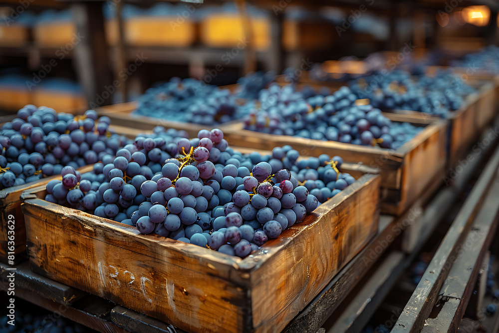 The harvested grape crop is packed in wooden boxes on the sorting table, ready for further processing at a vineyard during the harvest season
The harvested grape crop is packed in wooden boxes on the sorting table, ready for further processing at a vineyard during the harvest season