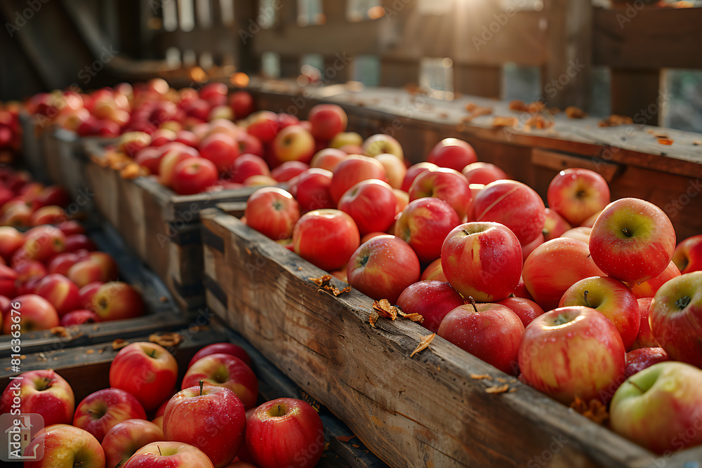 The harvested apple crop is neatly packed in wooden boxes on the sorting table, ready for distribution at a bustling orchard during the peak of the harvest season
The harvested apple crop is neatly packed in wooden boxes on the sorting table, ready for distribution at a bustling orchard during the peak of the harvest season