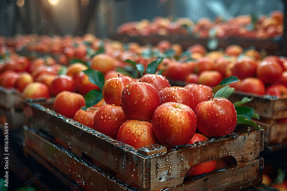 The harvested apple crop is neatly packed in wooden boxes on the sorting table, ready for distribution at a bustling orchard during the peak of the harvest season
The harvested apple crop is neatly packed in wooden boxes on the sorting table, ready for distribution at a bustling orchard during the peak of the harvest season