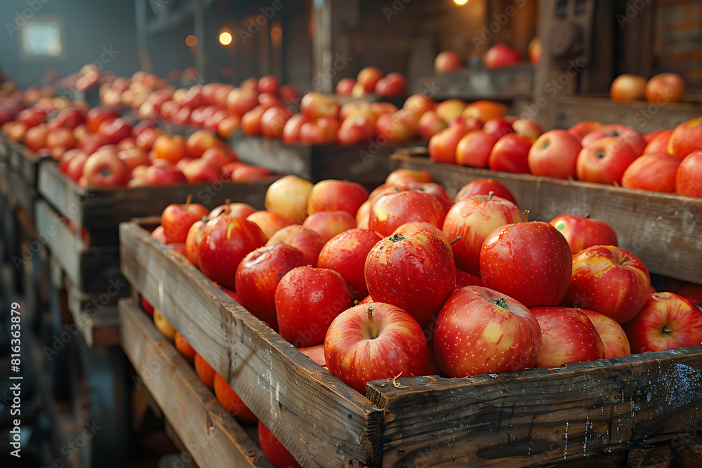 The harvested apple crop is neatly packed in wooden boxes on the sorting table, ready for distribution at a bustling orchard during the peak of the harvest season The harvested apple crop is neatly packed in wooden boxes on the sorting table, ready for distribution at a bustling orchard during the peak of the harvest season