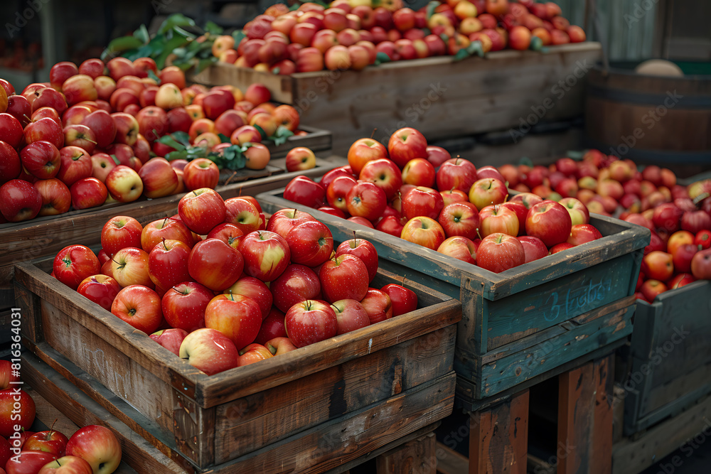 The harvested apple crop is neatly packed in wooden boxes on the sorting table, ready for distribution at a bustling orchard during the peak of the harvest season The harvested apple crop is neatly packed in wooden boxes on the sorting table, ready for distribution at a bustling orchard during the peak of the harvest season
