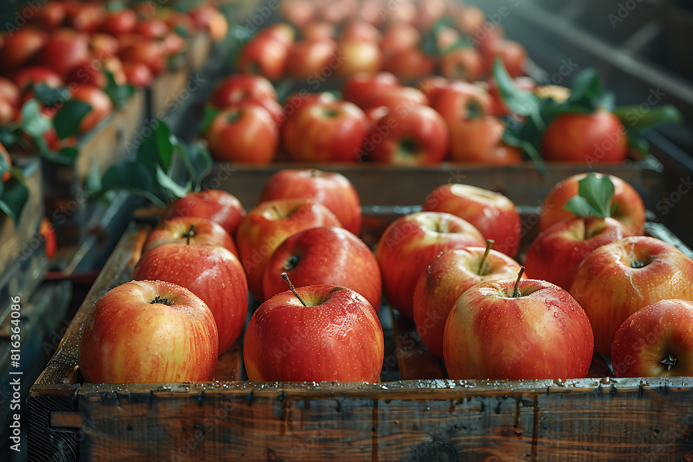 The harvested apple crop is neatly packed in wooden boxes on the sorting table, ready for distribution at a bustling orchard during the peak of the harvest season The harvested apple crop is neatly packed in wooden boxes on the sorting table, ready for distribution at a bustling orchard during the peak of the harvest season