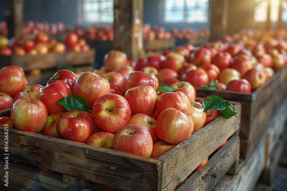 The harvested apple crop is neatly packed in wooden boxes on the sorting table, ready for distribution at a bustling orchard during the peak of the harvest season The harvested apple crop is neatly packed in wooden boxes on the sorting table, ready for distribution at a bustling orchard during the peak of the harvest season