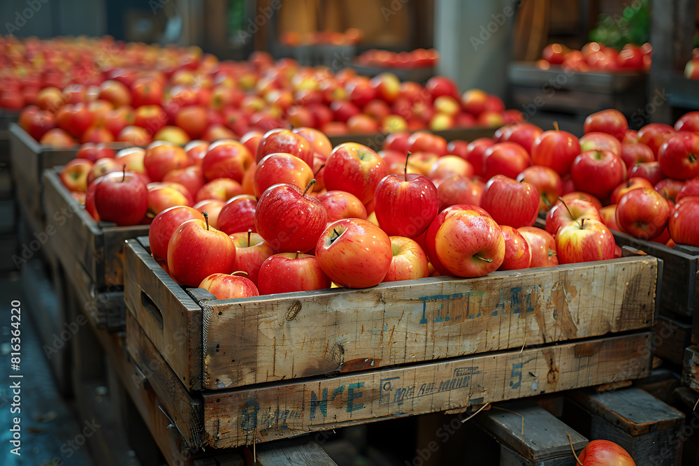 The harvested apple crop is neatly packed in wooden boxes on the sorting table, ready for distribution at a bustling orchard during the peak of the harvest season The harvested apple crop is neatly packed in wooden boxes on the sorting table, ready for distribution at a bustling orchard during the peak of the harvest season