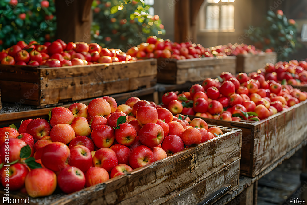 The harvested apple crop is neatly packed in wooden boxes on the sorting table, ready for distribution at a bustling orchard during the peak of the harvest season The harvested apple crop is neatly packed in wooden boxes on the sorting table, ready for distribution at a bustling orchard during the peak of the harvest season