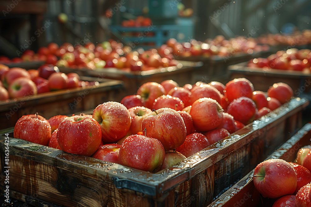 The harvested apple crop is neatly packed in wooden boxes on the sorting table, ready for distribution at a bustling orchard during the peak of the harvest season The harvested apple crop is neatly packed in wooden boxes on the sorting table, ready for distribution at a bustling orchard during the peak of the harvest season