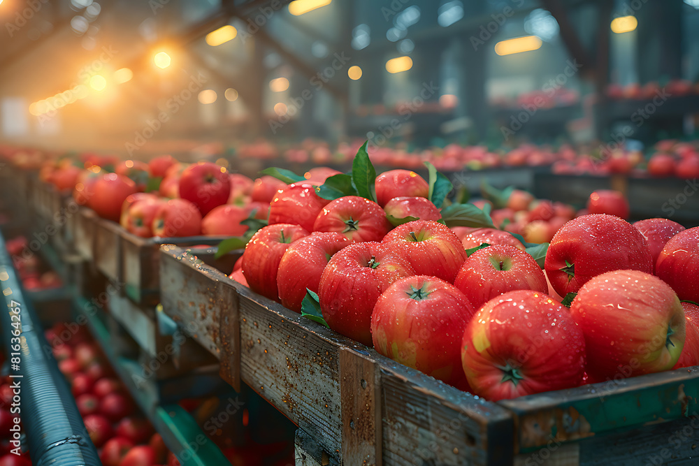 The harvested apple crop is neatly packed in wooden boxes on the sorting table, ready for distribution at a bustling orchard during the peak of the harvest season The harvested apple crop is neatly packed in wooden boxes on the sorting table, ready for distribution at a bustling orchard during the peak of the harvest season