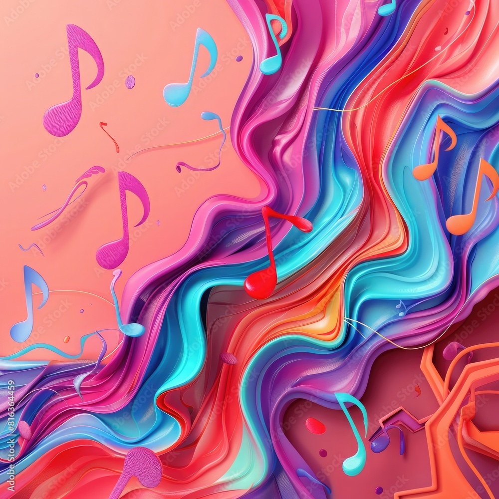Colorful background with musical notes and waves, 3d rendering illustration. colorful music concept background design. Vector Illustration.