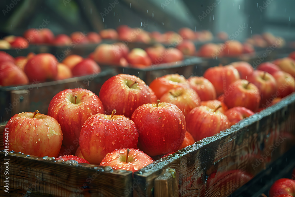 The harvested apple crop is neatly packed in wooden boxes on the sorting table, ready for distribution at a bustling orchard during the peak of the harvest season