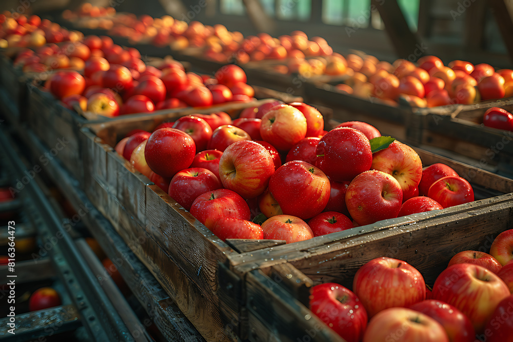 The harvested apple crop is neatly packed in wooden boxes on the sorting table, ready for distribution at a bustling orchard during the peak of the harvest season The harvested apple crop is neatly packed in wooden boxes on the sorting table, ready for distribution at a bustling orchard during the peak of the harvest season