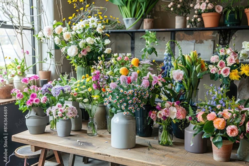Colorful flower arrangements on a wooden table in a floral shop,