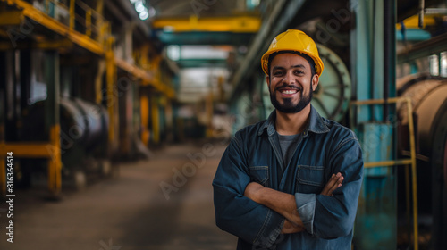 portrait of a smiling worker standing in a industrial factory, worker wearing safety helmet looking at camera 