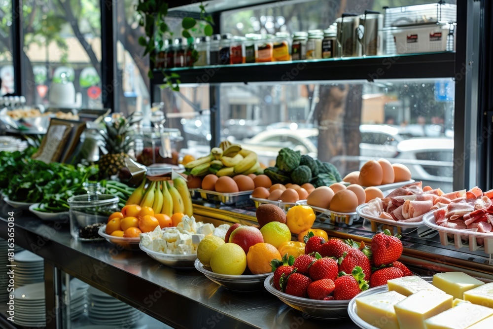 Colorful fresh healthy food on the bright modern art deco cafe counter with plastic plates and silver platters of fruits, vegetables, cheese, eggs, meat, milk cartons and other ingredients.
