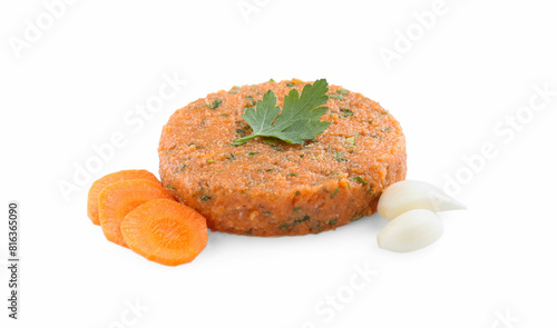 Uncooked carrot cutlet and ingredients isolated on white. Vegetarian product