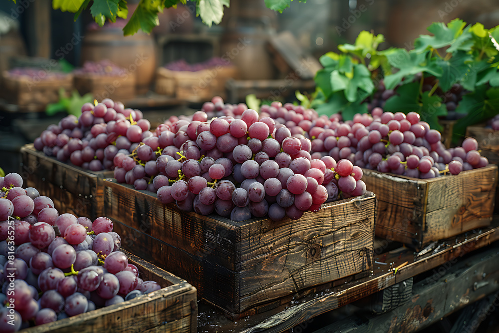The harvested grape crop is packed in wooden boxes on the sorting table, ready for further processing at a vineyard during the harvest season The harvested grape crop is packed in wooden boxes on the sorting table, ready for further processing at a vineyard during the harvest season
