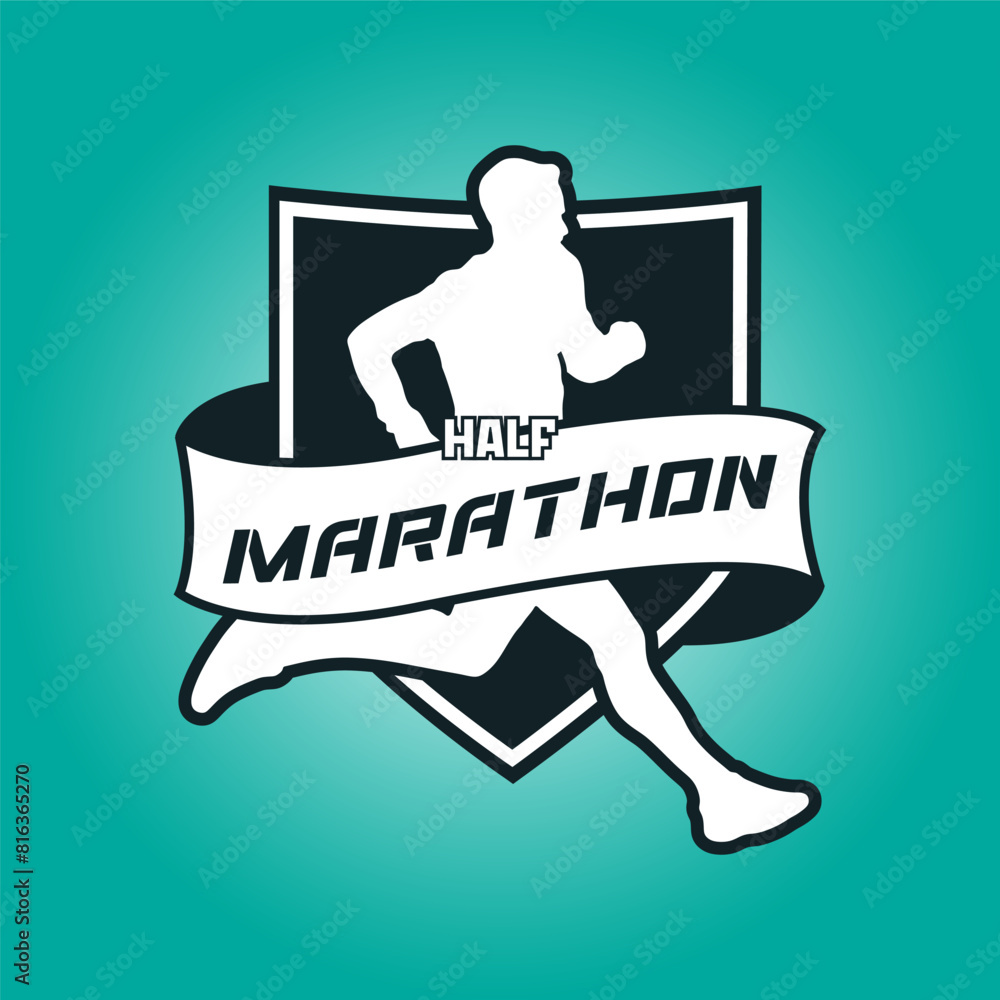 Runner shield with ribbon logo vector graphic illustration on background Runner shield with ribbon logo vector graphic illustration on background