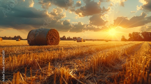 Golden sunset over harvested field with hay bales