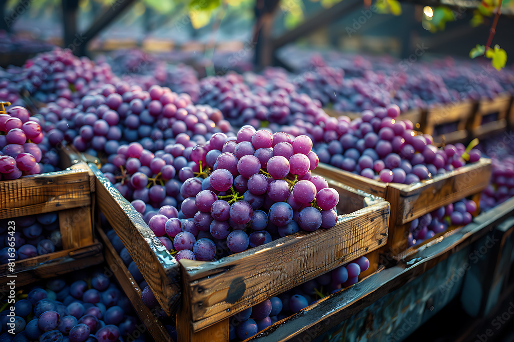 The harvested grape crop is packed in wooden boxes on the sorting table, ready for further processing at a vineyard during the harvest season The harvested grape crop is packed in wooden boxes on the sorting table, ready for further processing at a vineyard during the harvest season