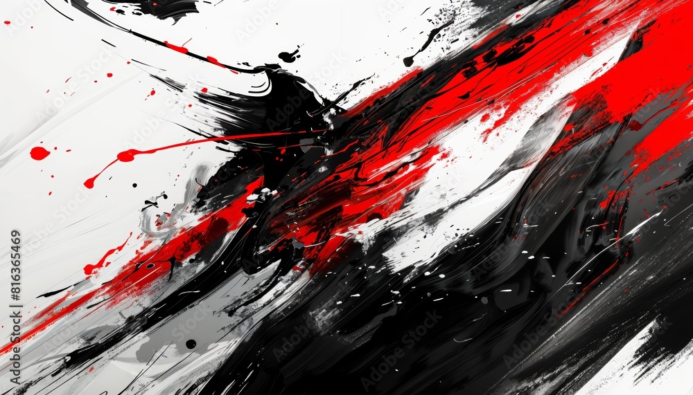 triking black and white abstract composition with bold splashes of crimson red for an edgy, avant-garde art show triking black and white abstract composition with bold splashes of crimson red for an edgy, avant-garde art show